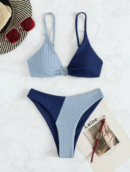 Élise - Bikini Femme Maillot de Bain Tendance Color Block avec Anneau Frontal et Bas Échancré