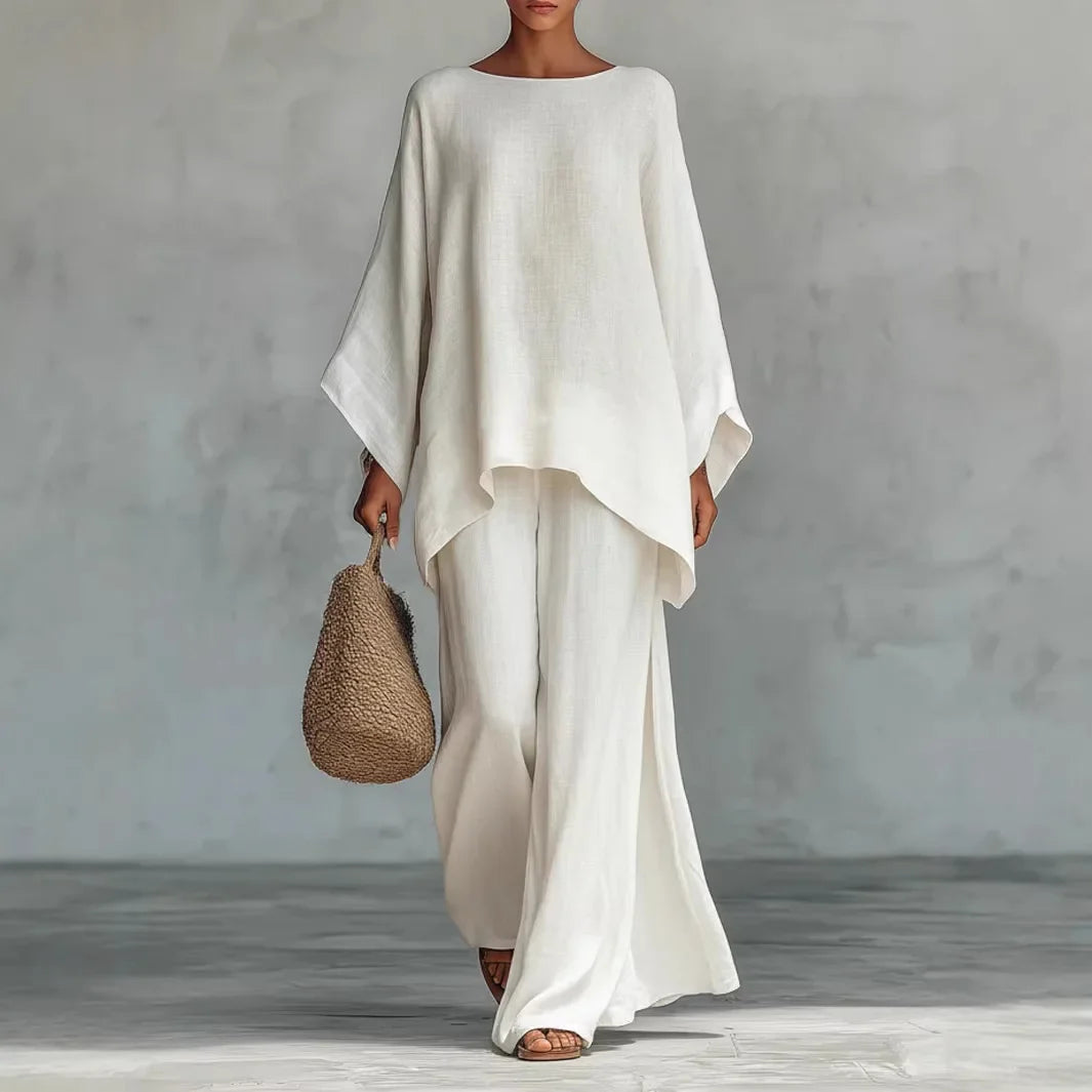 Élise - Ensemble Coordonné en Lin 2 Pièces Femme avec Top Chauve-Souris et Pantalon Large