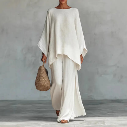 Élise - Ensemble Coordonné en Lin 2 Pièces Femme avec Top Chauve-Souris et Pantalon Large