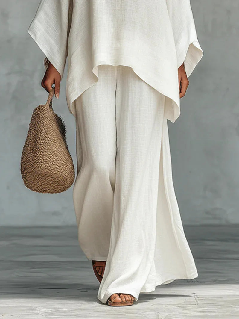 Élise - Ensemble Coordonné en Lin 2 Pièces Femme avec Top Chauve-Souris et Pantalon Large