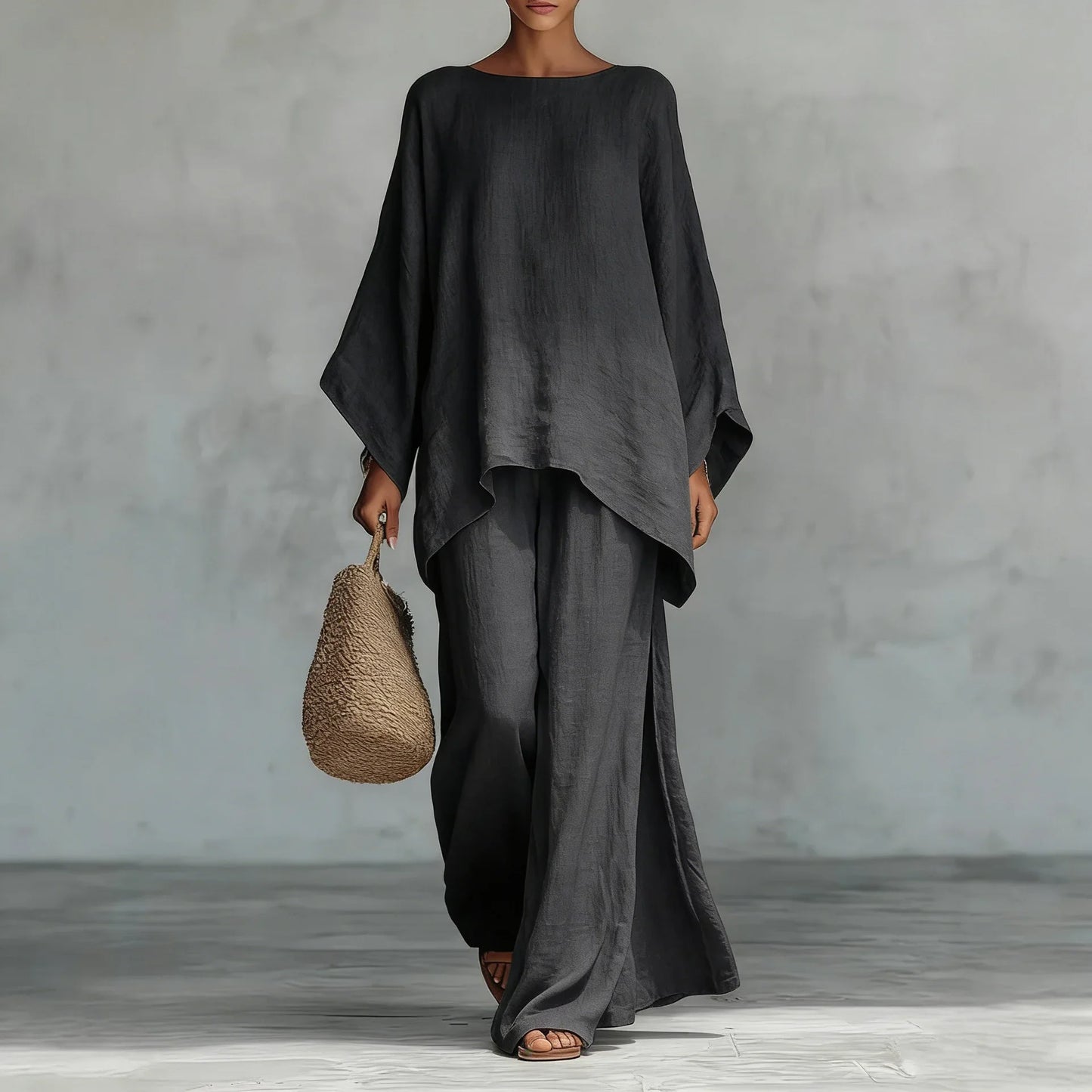 Élise - Ensemble Coordonné en Lin 2 Pièces Femme avec Top Chauve-Souris et Pantalon Large