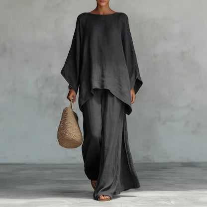 Élise - Ensemble Coordonné en Lin 2 Pièces Femme avec Top Chauve-Souris et Pantalon Large
