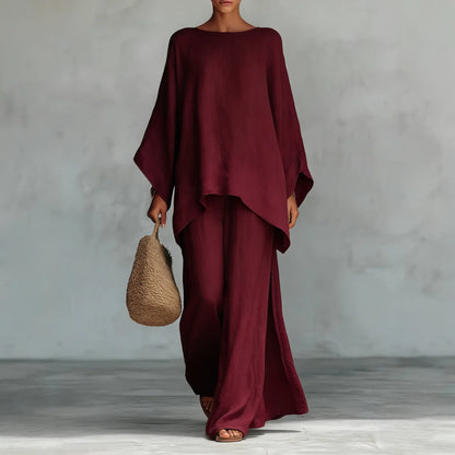Élise - Ensemble Coordonné en Lin 2 Pièces Femme avec Top Chauve-Souris et Pantalon Large