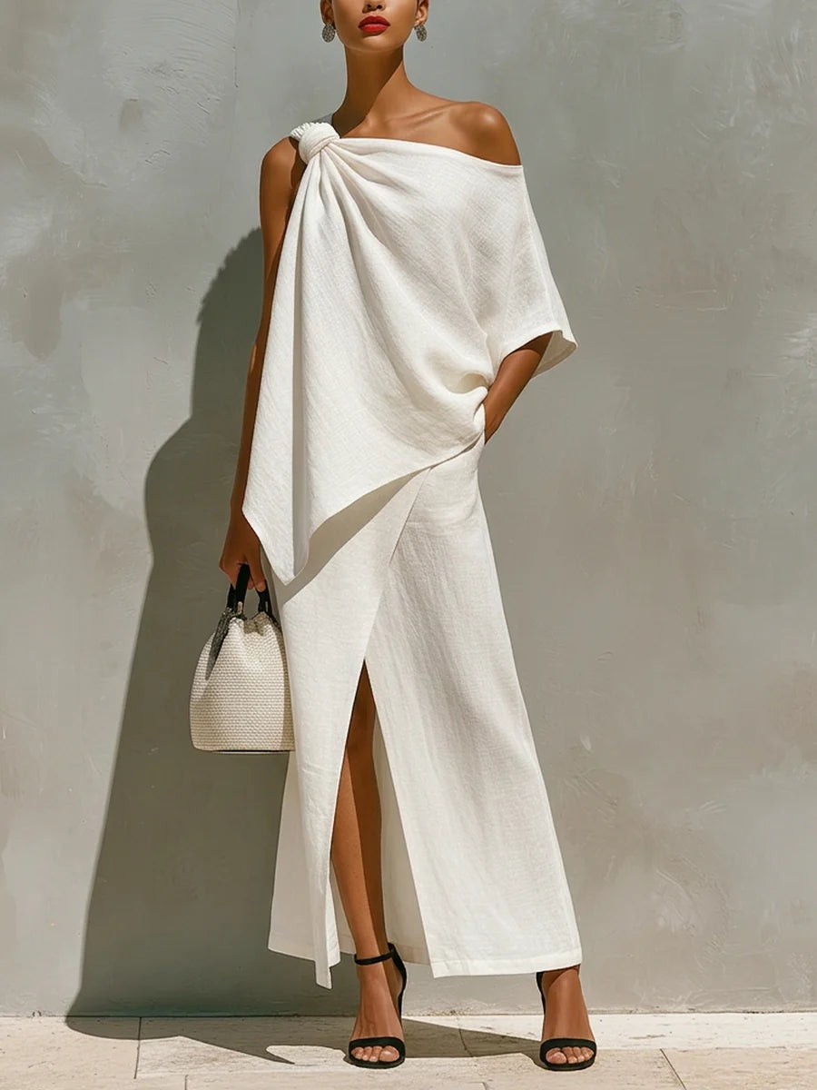 Élise - Ensemble en Lin Élégant Femme avec Top Épaule Dénudée Noué et Jupe Longue Fendue