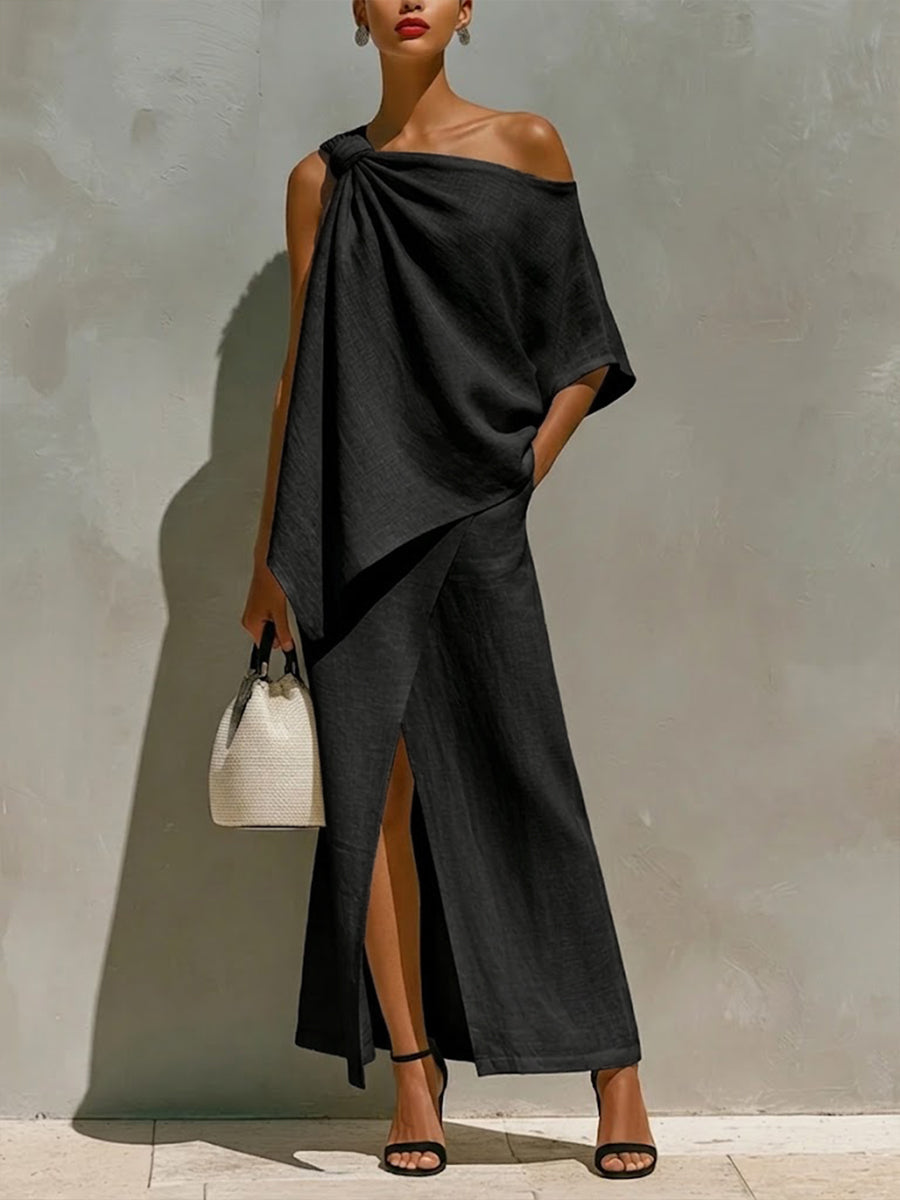 Élise - Ensemble en Lin Élégant Femme avec Top Épaule Dénudée Noué et Jupe Longue Fendue