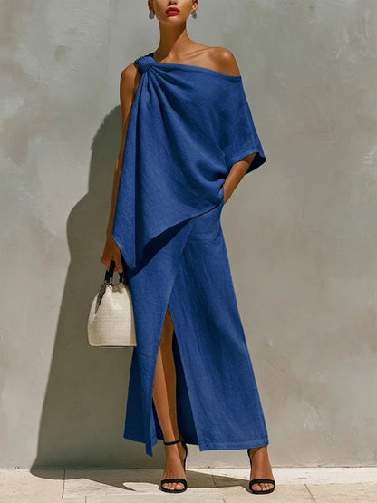 Élise - Ensemble en Lin Élégant Femme avec Top Épaule Dénudée Noué et Jupe Longue Fendue