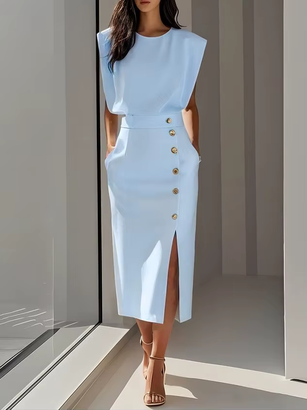 Élise - Robe Chic Invitée Mariage Femme sans Manches avec Épaulettes et Fente