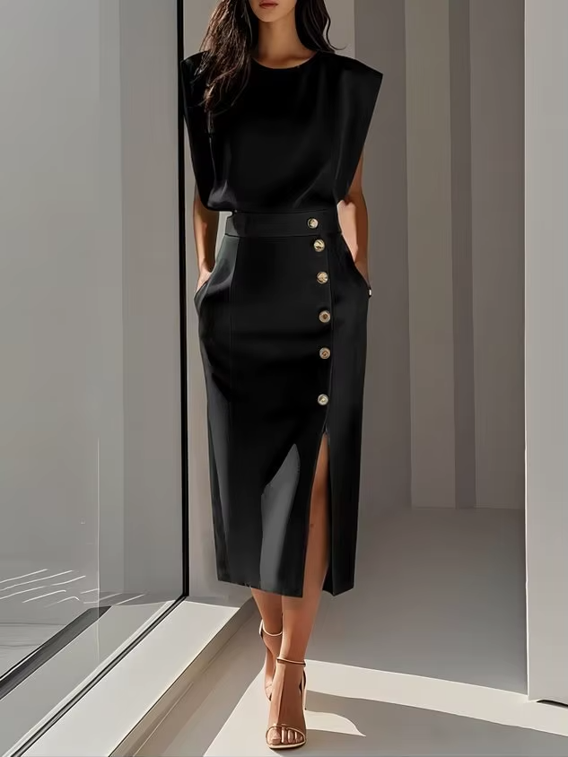 Élise - Robe Chic Invitée Mariage Femme sans Manches avec Épaulettes et Fente