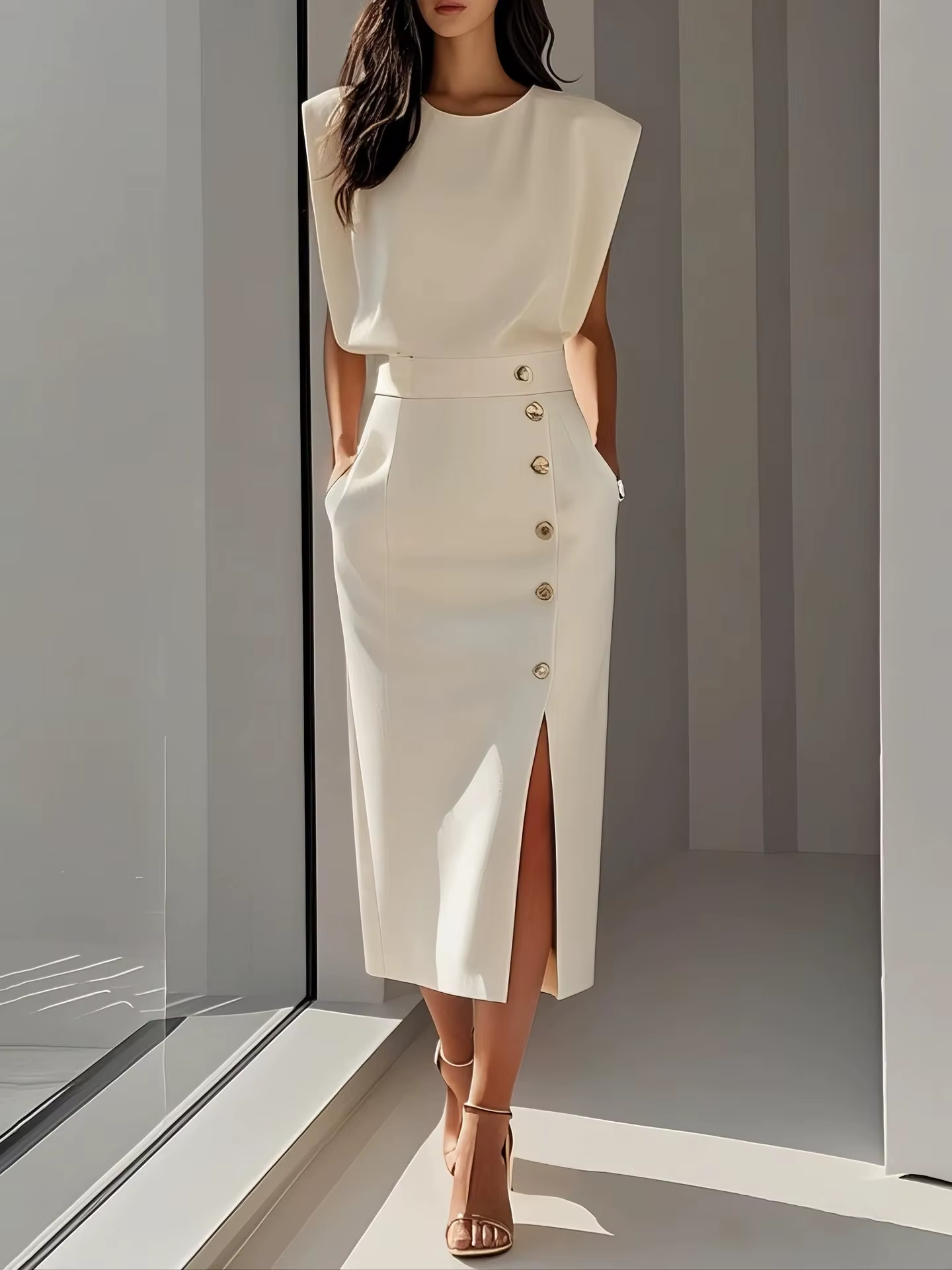 Élise - Robe Chic Invitée Mariage Femme sans Manches avec Épaulettes et Fente