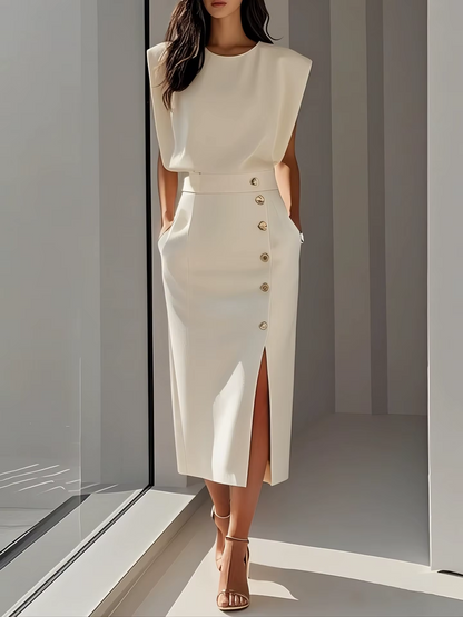 Élise - Robe Chic Invitée Mariage Femme sans Manches avec Épaulettes et Fente