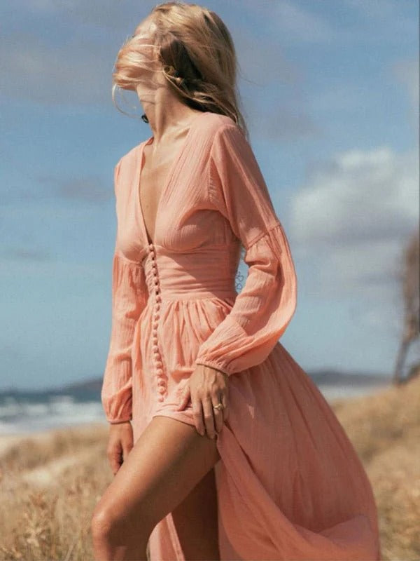 Élise - Robe Invitée Mariage Femme Bohème avec Col V et Manches Longues