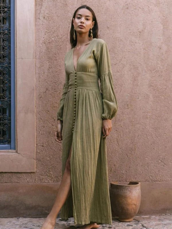 Élise - Robe Invitée Mariage Femme Bohème avec Col V et Manches Longues