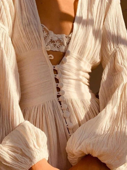 Élise - Robe Invitée Mariage Femme Bohème avec Col V et Manches Longues