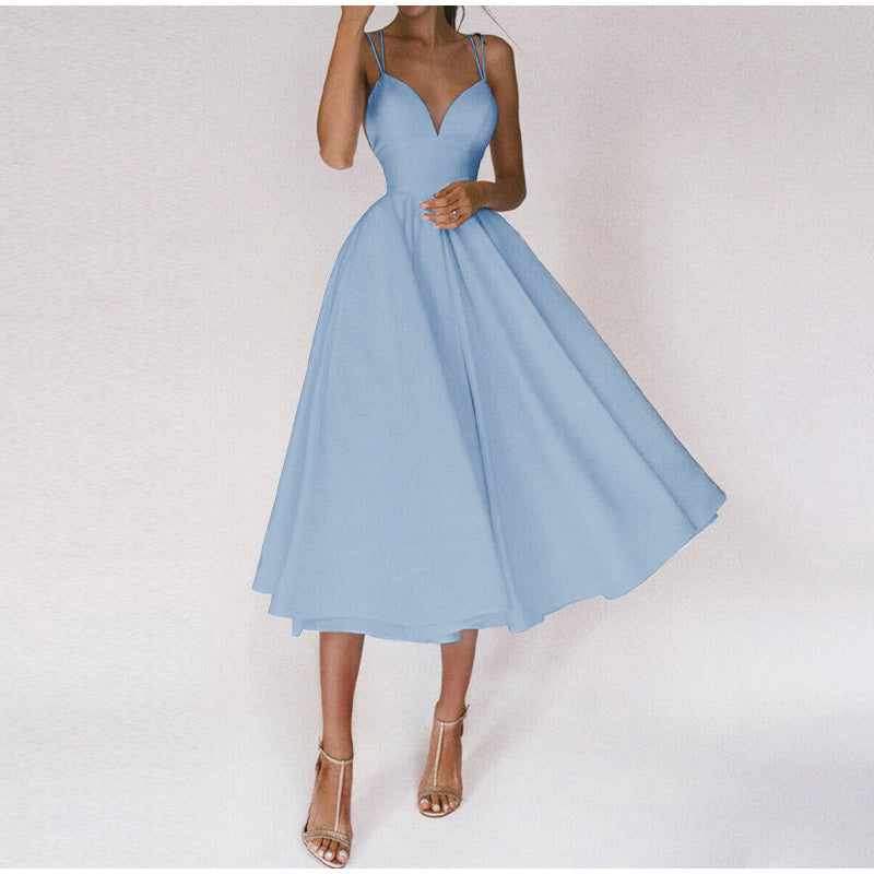 Élise - Robe Invitée Mariage Femme Glamour à Bretelles Fines et Jupe Évasée