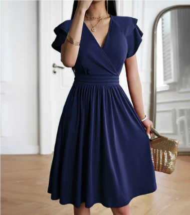 Élise - Robe Invitée Mariage Femme Élégante Col V Croisé Évasée et Manches Volantées