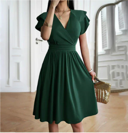 Élise - Robe Invitée Mariage Femme Élégante Col V Croisé Évasée et Manches Volantées