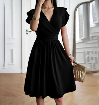 Élise - Robe Invitée Mariage Femme Élégante Col V Croisé Évasée et Manches Volantées