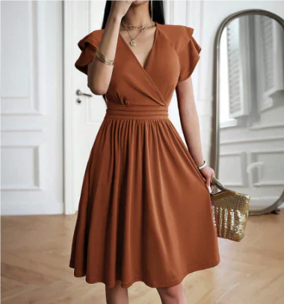 Élise - Robe Invitée Mariage Femme Élégante Col V Croisé Évasée et Manches Volantées