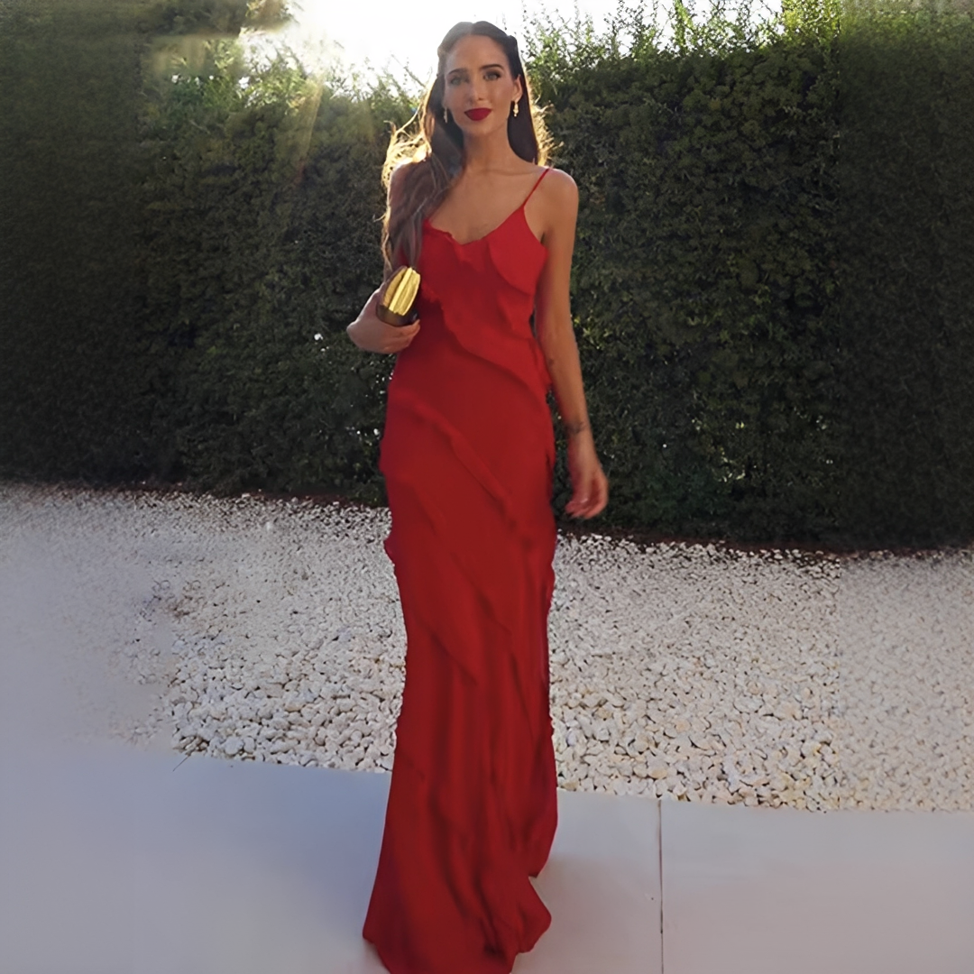 Élise - Robe Mariage Invitée Maxi Femme Élégante avec Volants et Bretelles Fines