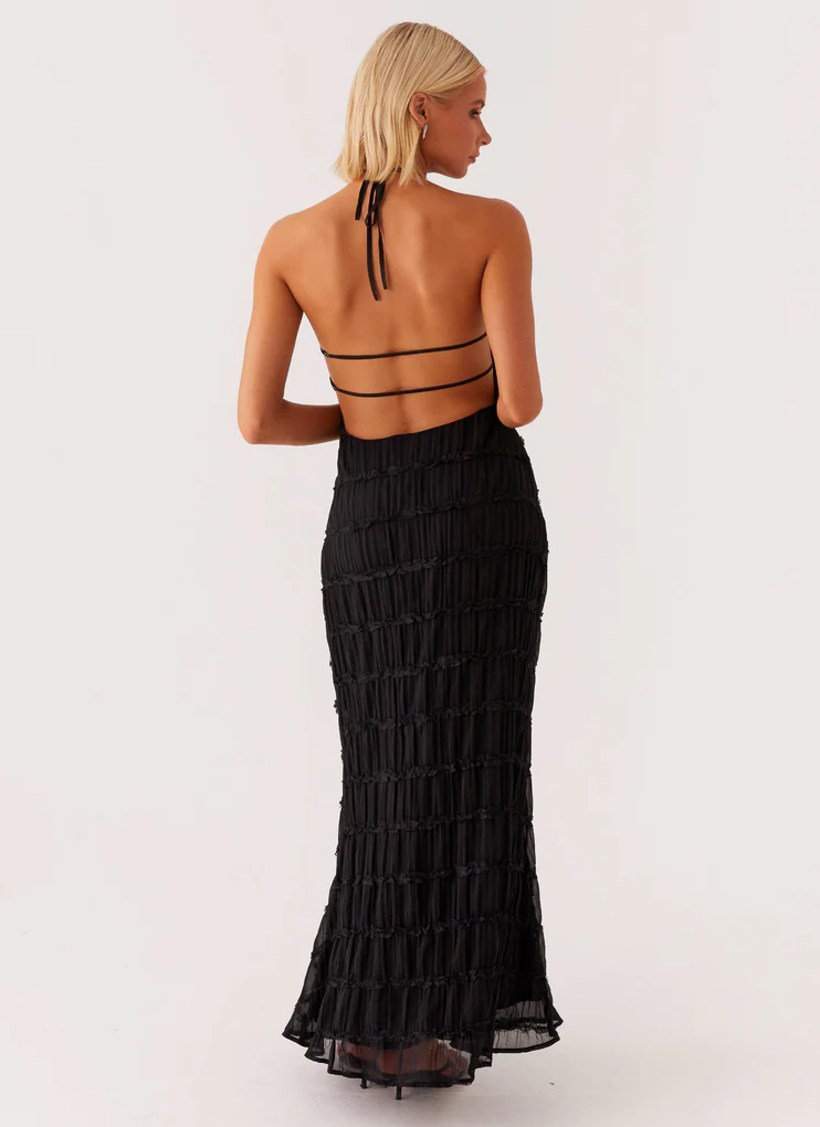 Élise - Robe Maxi Chic Invitée Mariage Femme avec Col Halter et Texture Géométrique en Relief
