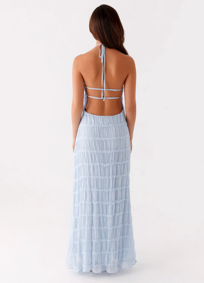 Élise - Robe Maxi Chic Invitée Mariage Femme avec Col Halter et Texture Géométrique en Relief