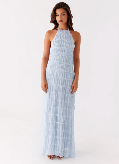 Élise - Robe Maxi Chic Invitée Mariage Femme avec Col Halter et Texture Géométrique en Relief