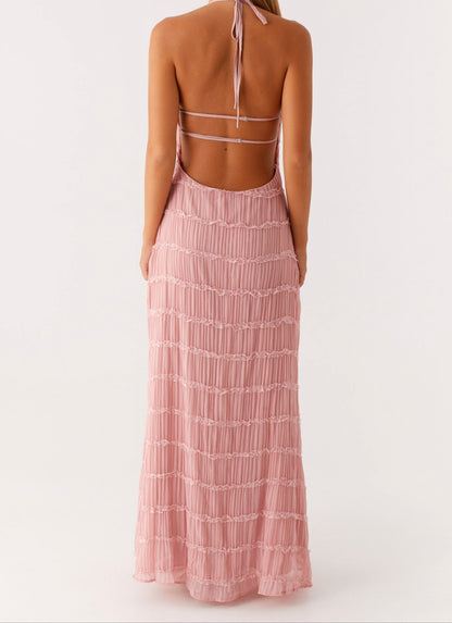 Élise - Robe Maxi Chic Invitée Mariage Femme avec Col Halter et Texture Géométrique en Relief