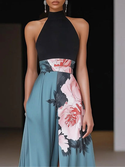 Élise - Robe Maxi Élégante Invitée Mariage Femme avec Col Halter et Jupe Fleurie