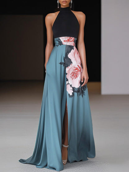 Élise - Robe Maxi Élégante Invitée Mariage Femme avec Col Halter et Jupe Fleurie