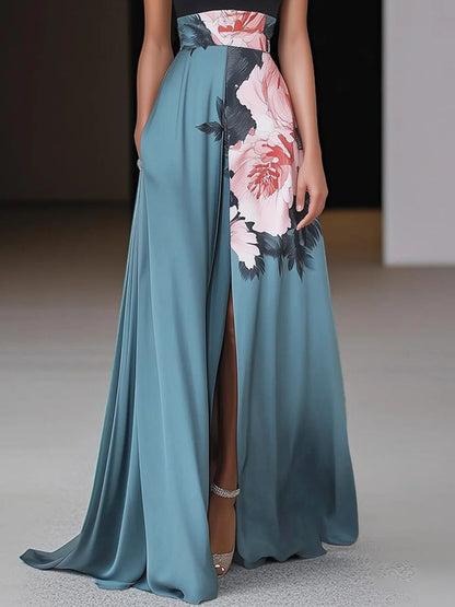 Élise - Robe Maxi Élégante Invitée Mariage Femme avec Col Halter et Jupe Fleurie
