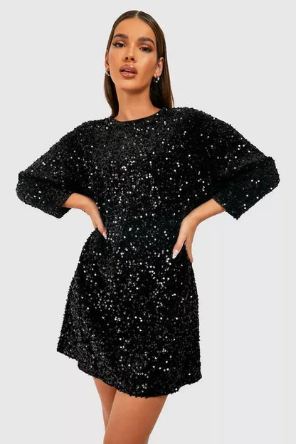 Élise - Robe d'Été Femme à Manches Longues et Paillettes avec Coupe Trapèze Tendance