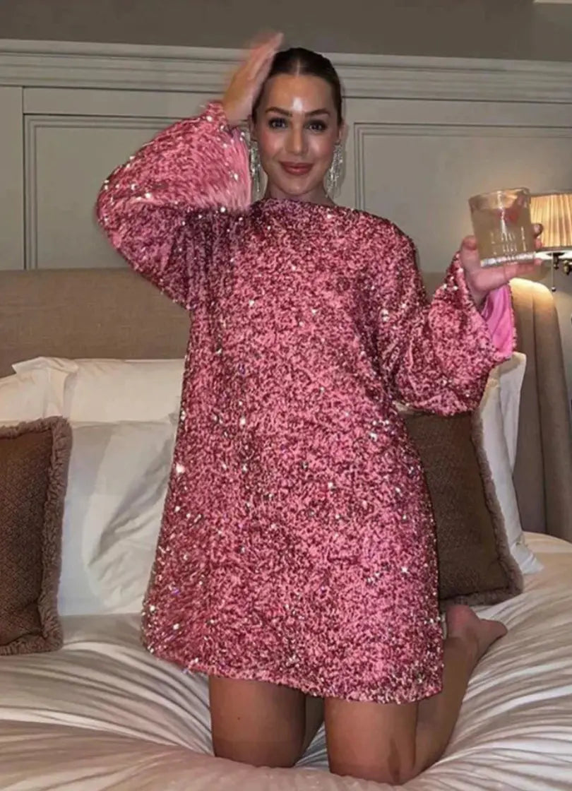 Élise - Robe d'Été Femme à Manches Longues et Paillettes avec Coupe Trapèze Tendance