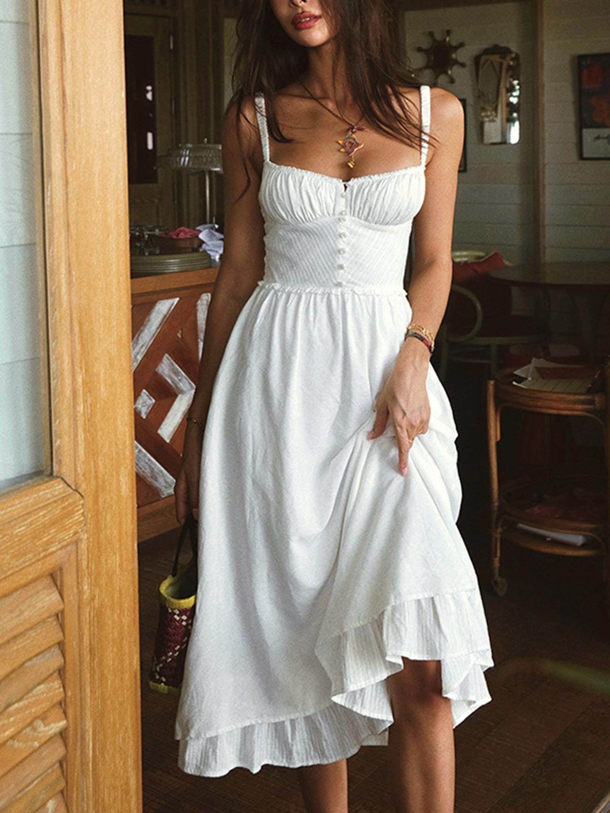 Élise - Robe Élégante Invitée Mariage Femme avec Bretelles et Volants