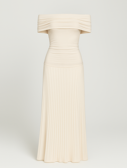 Élodie - Robe Mariage Invitée Maxi Femme Élégante avec Épaules Dénudées et Jupe Plissée