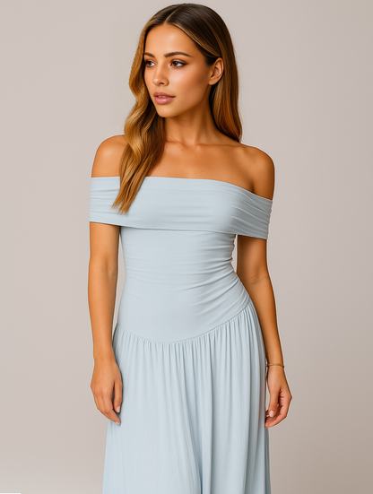 Élodie - Robe Mariage Invitée Maxi Femme Élégante avec Épaules Dénudées et Jupe Plissée