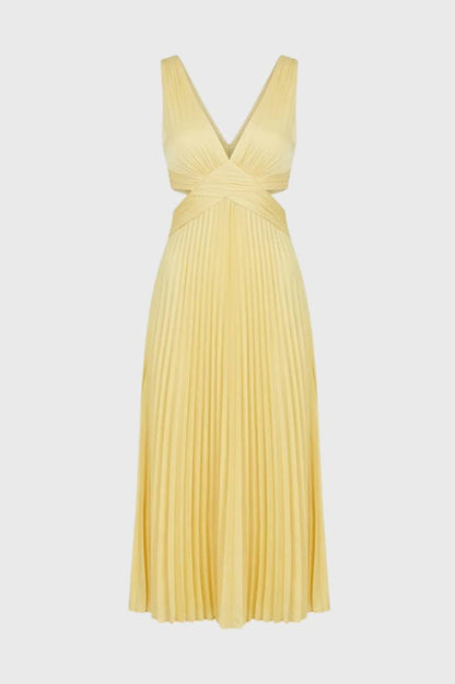 Maxi Robe Femme - Plissée Col V Profond | Élégante — Jaune
