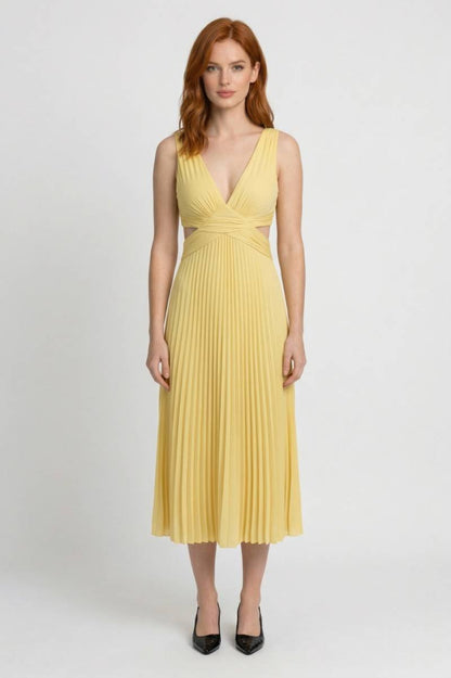Maxi Robe Femme - Plissée Col V Profond | Élégante — Jaune