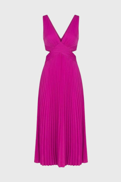 Maxi Robe Femme - Plissée Col V Profond | Élégante — Rose Vif