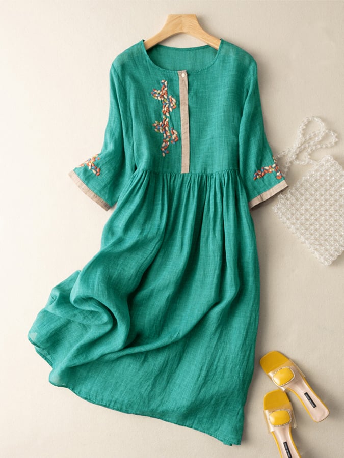 Émilie - Robe Midi Bohème Femme en Lin avec Broderies Florales et Manches Évasées Romantique