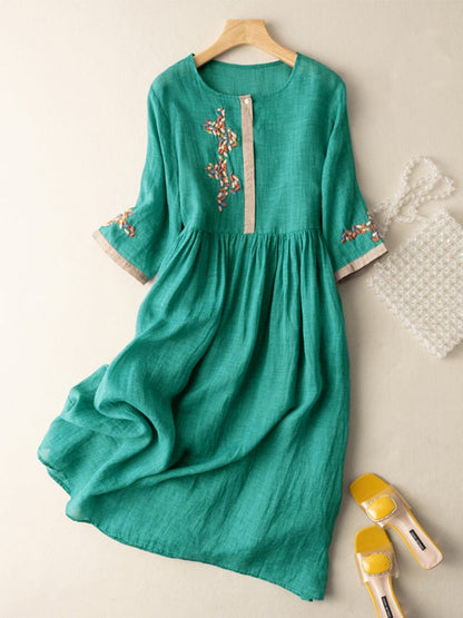 Émilie - Robe Midi Bohème Femme en Lin avec Broderies Florales et Manches Évasées Romantique