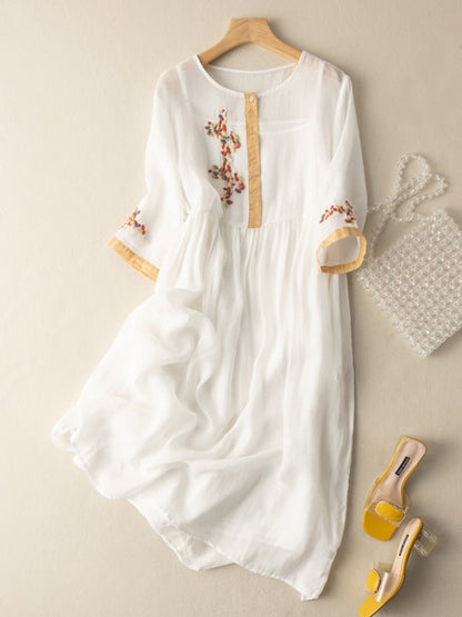 Émilie - Robe Midi Bohème Femme en Lin avec Broderies Florales et Manches Évasées Romantique