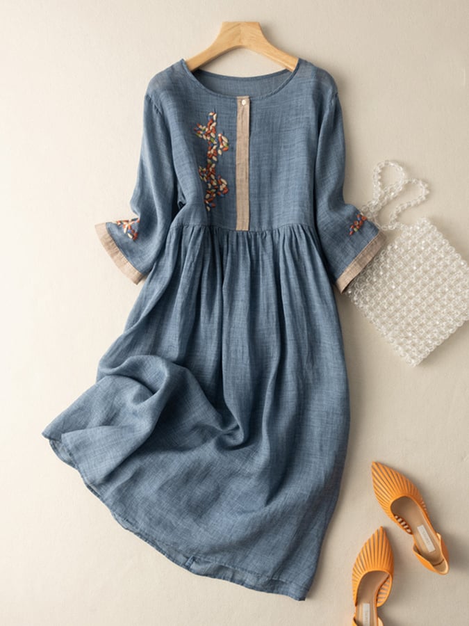 Émilie - Robe Midi Bohème Femme en Lin avec Broderies Florales et Manches Évasées Romantique