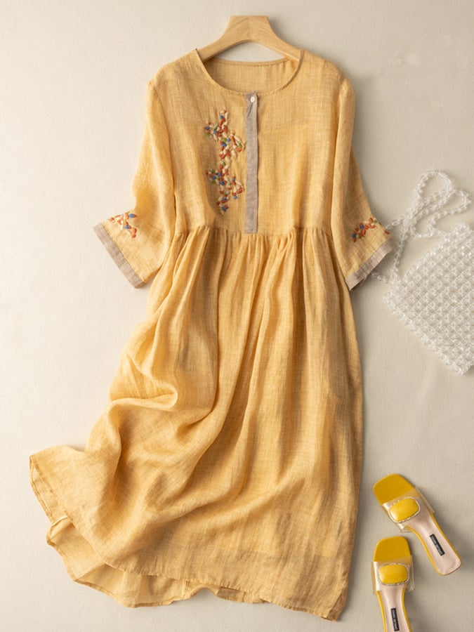 Émilie - Robe Midi Bohème Femme en Lin avec Broderies Florales et Manches Évasées Romantique