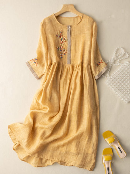 Émilie - Robe Midi Bohème Femme en Lin avec Broderies Florales et Manches Évasées Romantique