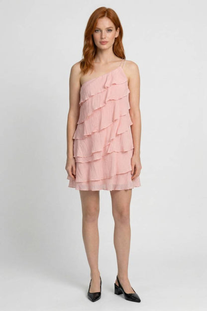Mini Robe Femme - Asymétrique à Volants Étagés | Féminine — Rose
