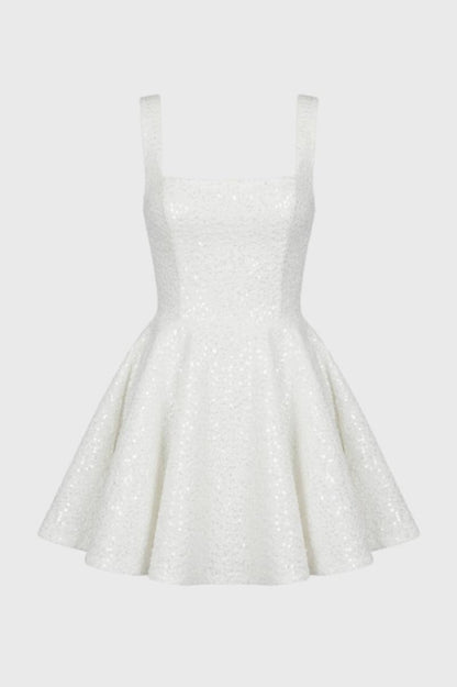 Mini Robe Femme - Pailletée Bretelles Larges | Festivités - Blanc