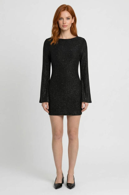 Mini Robe Femme - Paillettes Manches Évasées | Festif - Noir