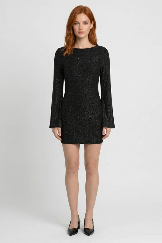 Mini Robe Femme - Paillettes Manches Évasées | Festif - Noir