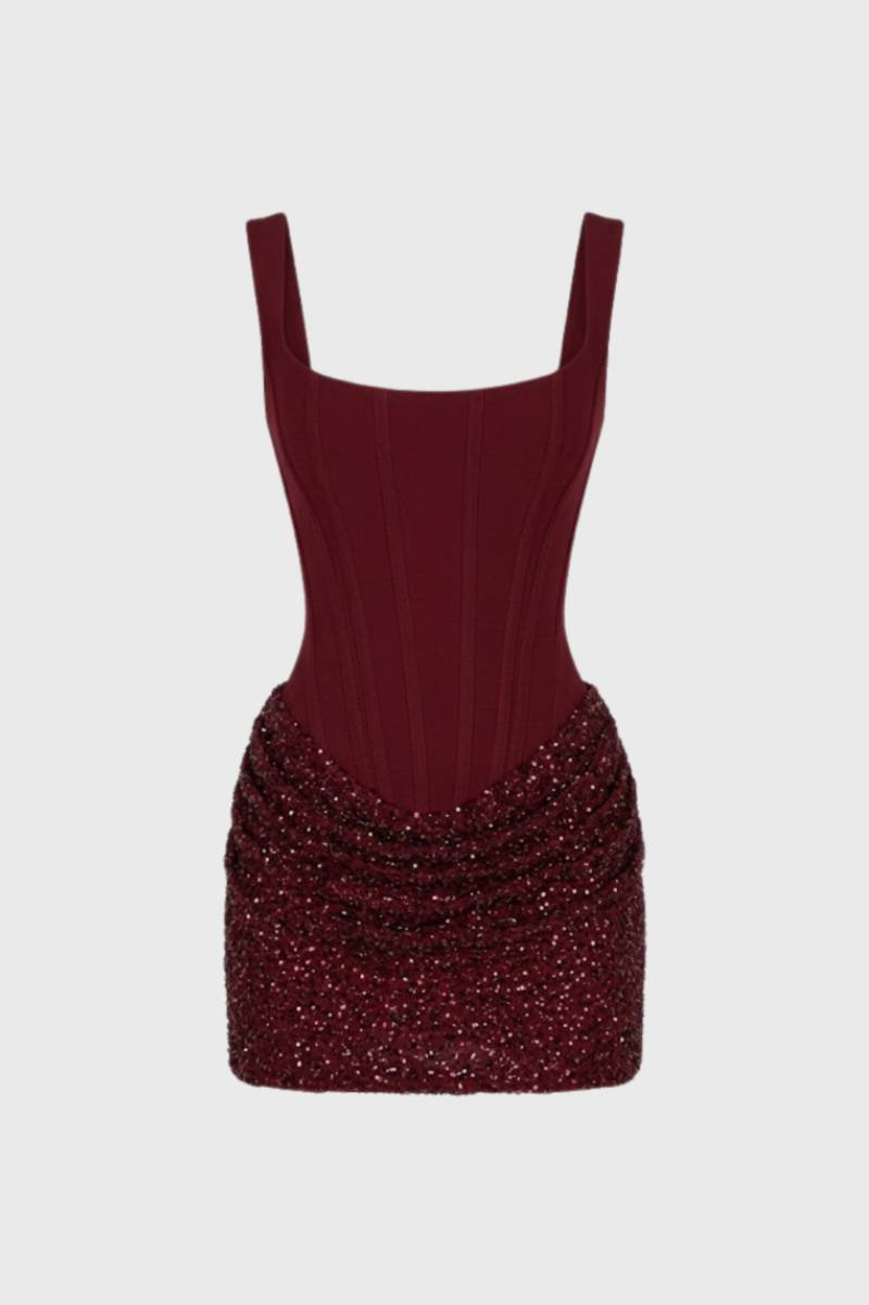 Mini Robe Femme - Sequins Bustier à Bretelles | Cocktail - Bordeaux