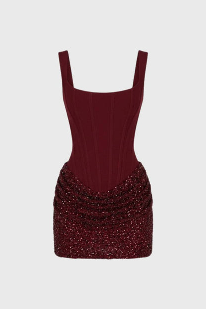 Mini Robe Femme - Sequins Bustier à Bretelles | Cocktail - Bordeaux